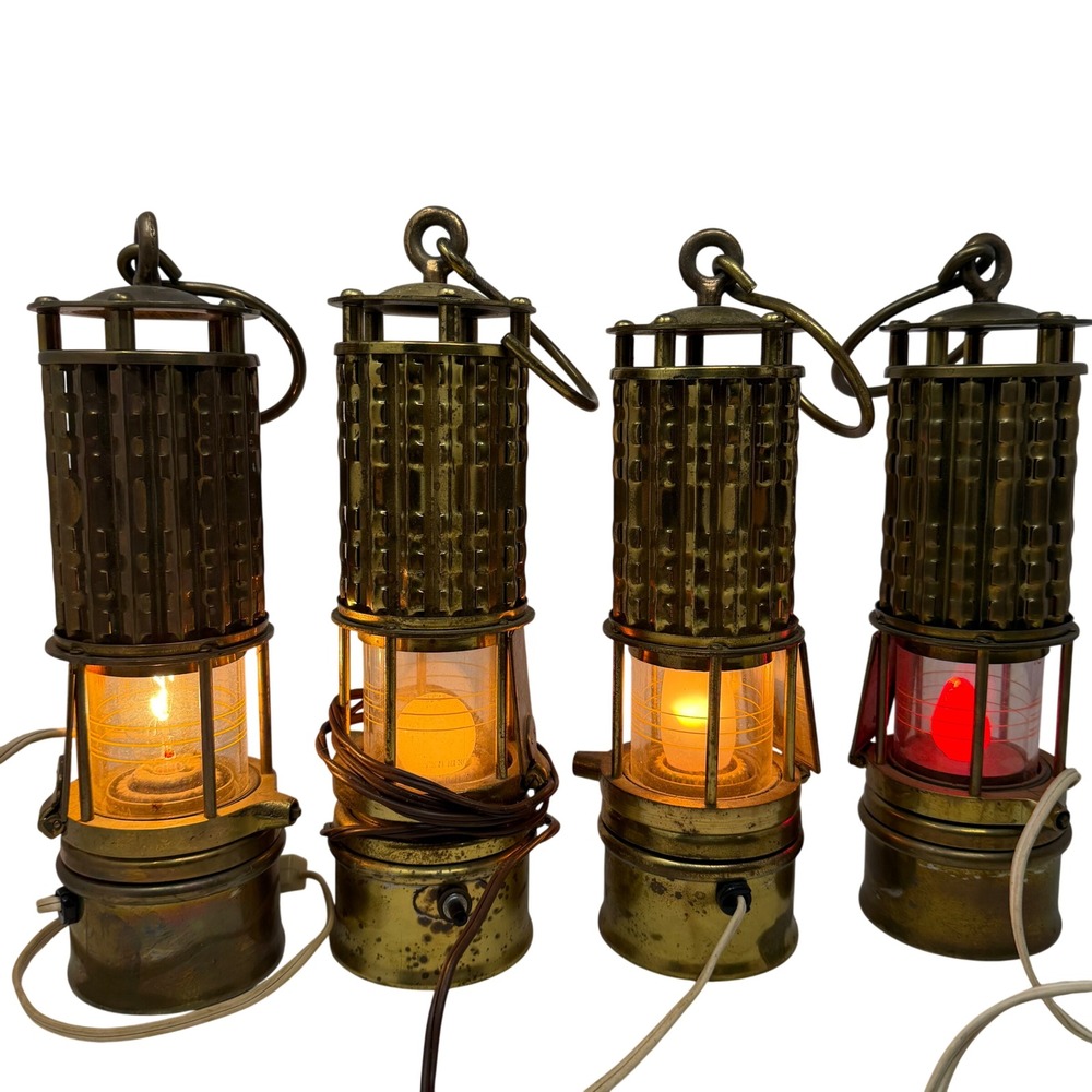4 Vintage Wolf Brass Miners Safety Lamps Electrified Lanterns Made USA